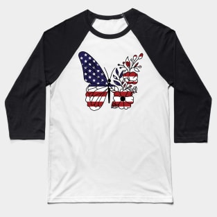 American Flag with Floral Butterfly, 4th of July Baseball T-Shirt